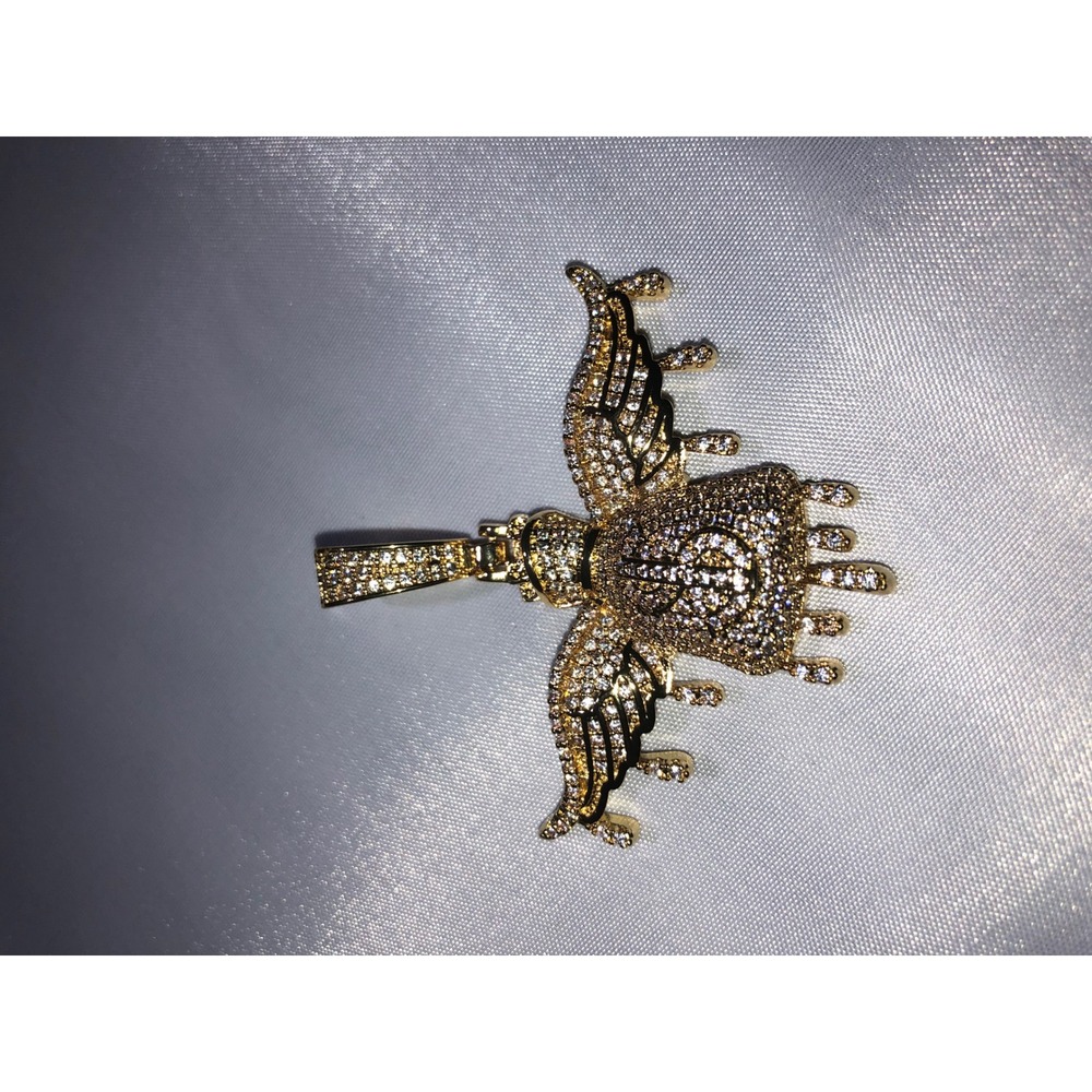 Gold Iced Out Money Bag Angel Wings Pendant Dripping Hip Hop CZ Charm - Picture 1 of 2